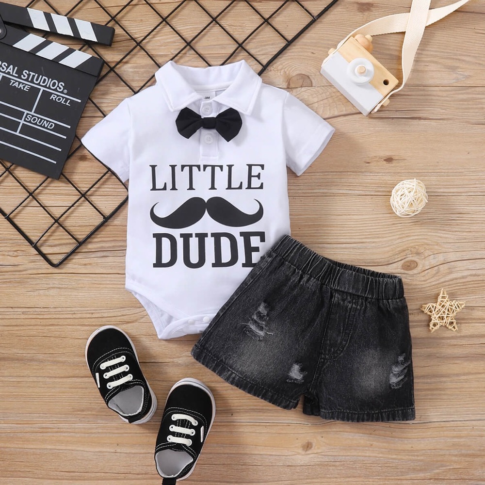 Baby Boy Graphic Bodysuit and Distressed Denim Shorts Set
